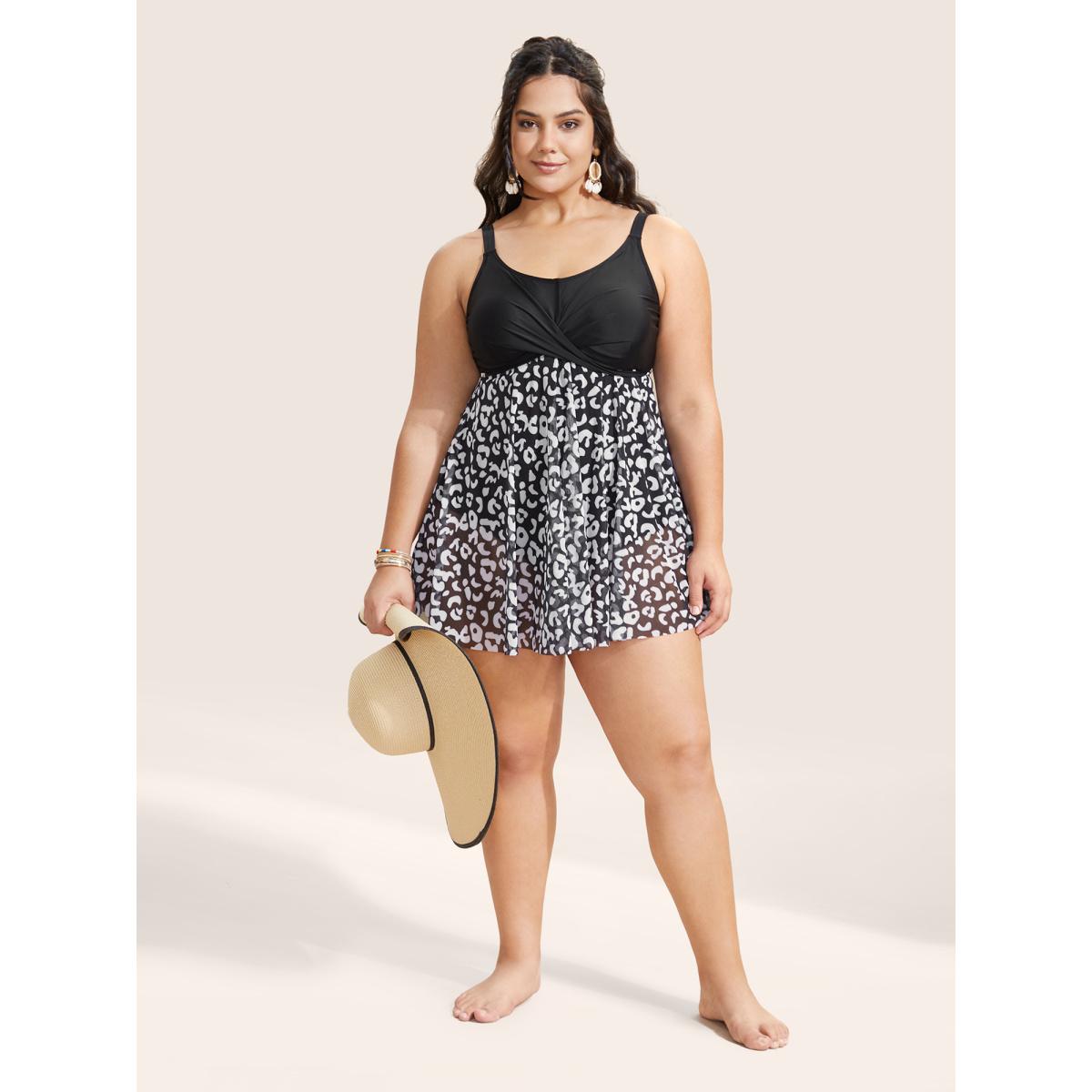 Plus Size Leopard Print Patchwork Heart Neckline Swim Dress Women's Swimwear Black Beach Bodycon U-neck High stretch Curve Swim Dresses BloomChic 30/6X Product Image