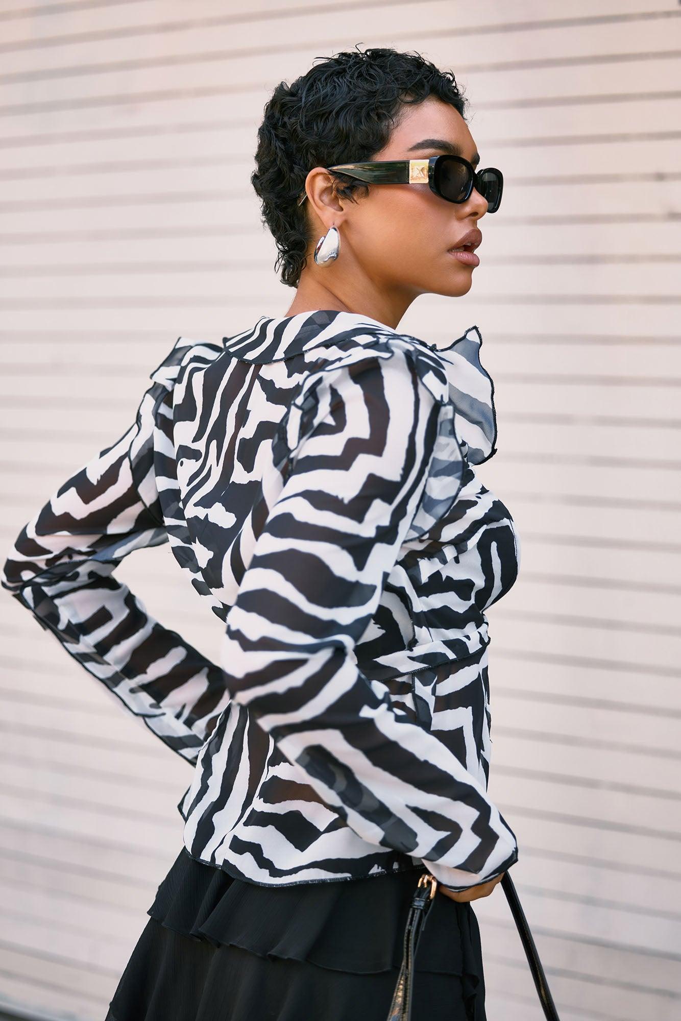 Wild Zebra Chiffon Flyaway Top - White/Black Female Product Image