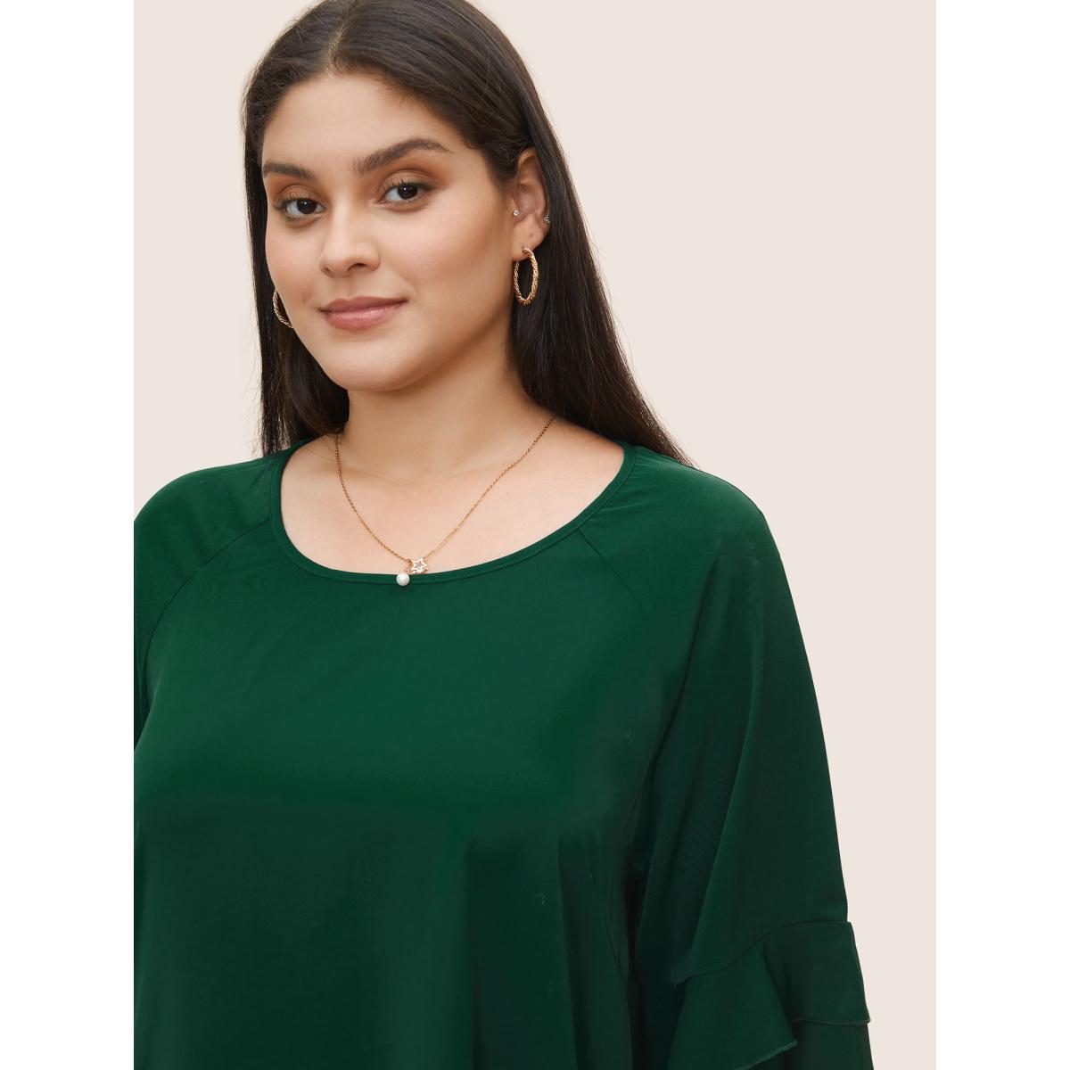Plus Size DarkGreen Plain Ruffle Tiered Round Neck Blouse Women Work From Home Elbow-length sleeve Round Neck Work Blouses BloomChic 14-16/1X Product Image