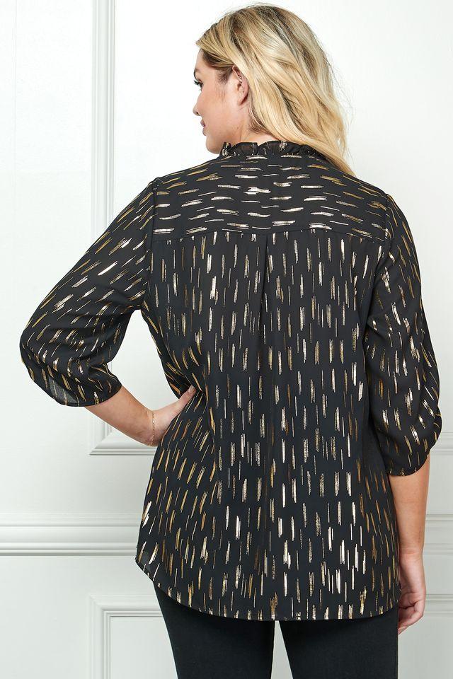 3/4 Tab Sleeve Ruffle Blouse with Covered Buttons and Neck Loops, Black & Gold - Plus Product Image