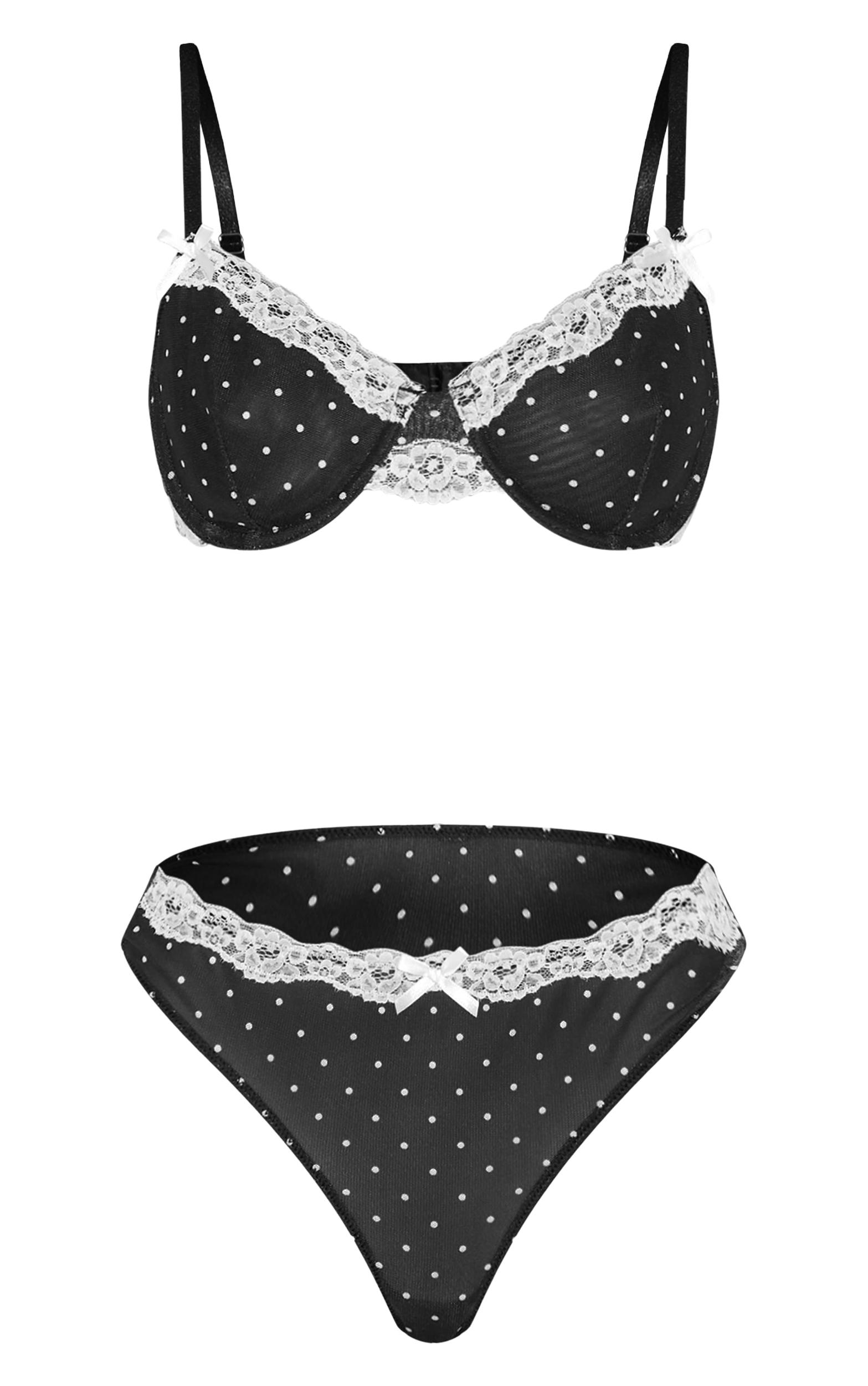 Black Polka Dot Lace Trim Underwired Lingerie Set Product Image