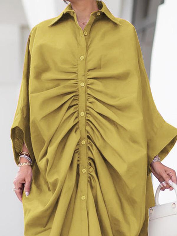 Long Sleeves Loose Buttoned Pleated Solid Color Lapel Maxi Dresses Shirt Dress Product Image
