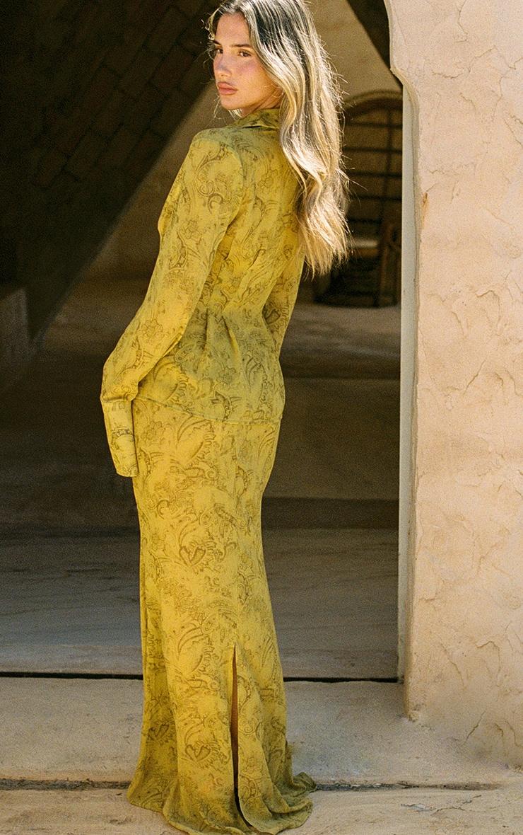 Chartreuse Abstract Print Chiffon Cinched Waist Shirt Product Image