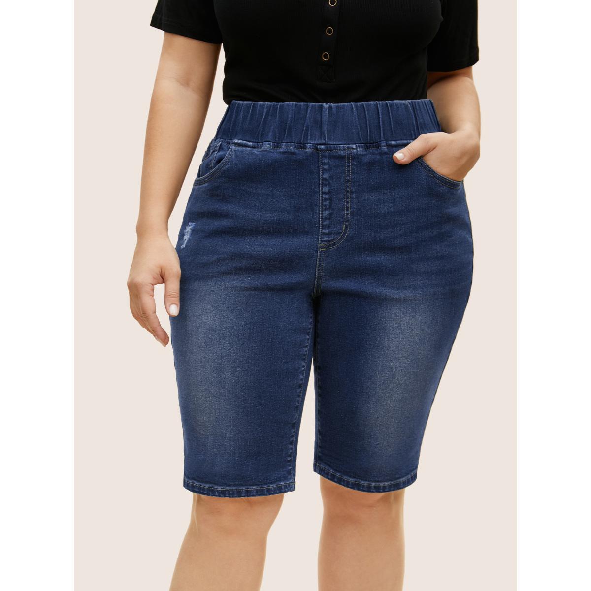 Plus Size Dark Wash Distressed Roll Hem Denim Shorts Women Denimindigo Roll Hem High stretch Everyday Slanted pocket Casual Denim Shorts BloomChic 26/4X Product Image