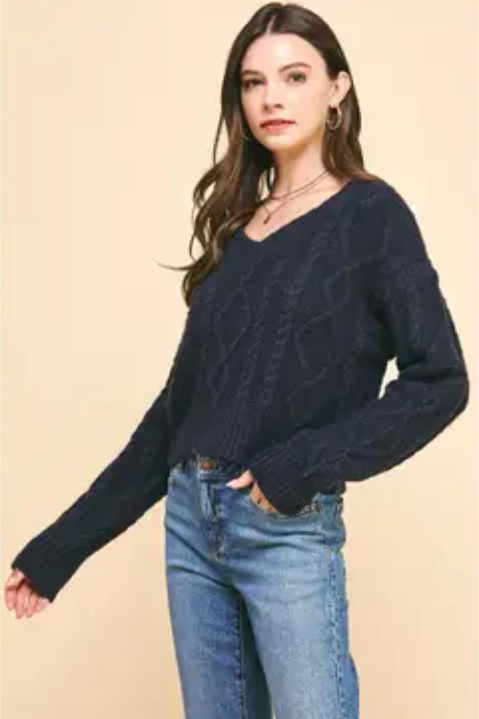 Textured Cable Knit Crop Sweater Product Image