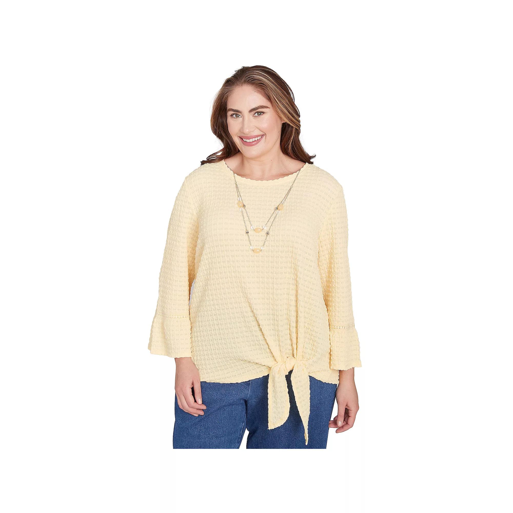 Plus Size Alfred Dunner Tie Front Textured Tee with Necklace, Women's, Size: 1XL, Buttercup Product Image