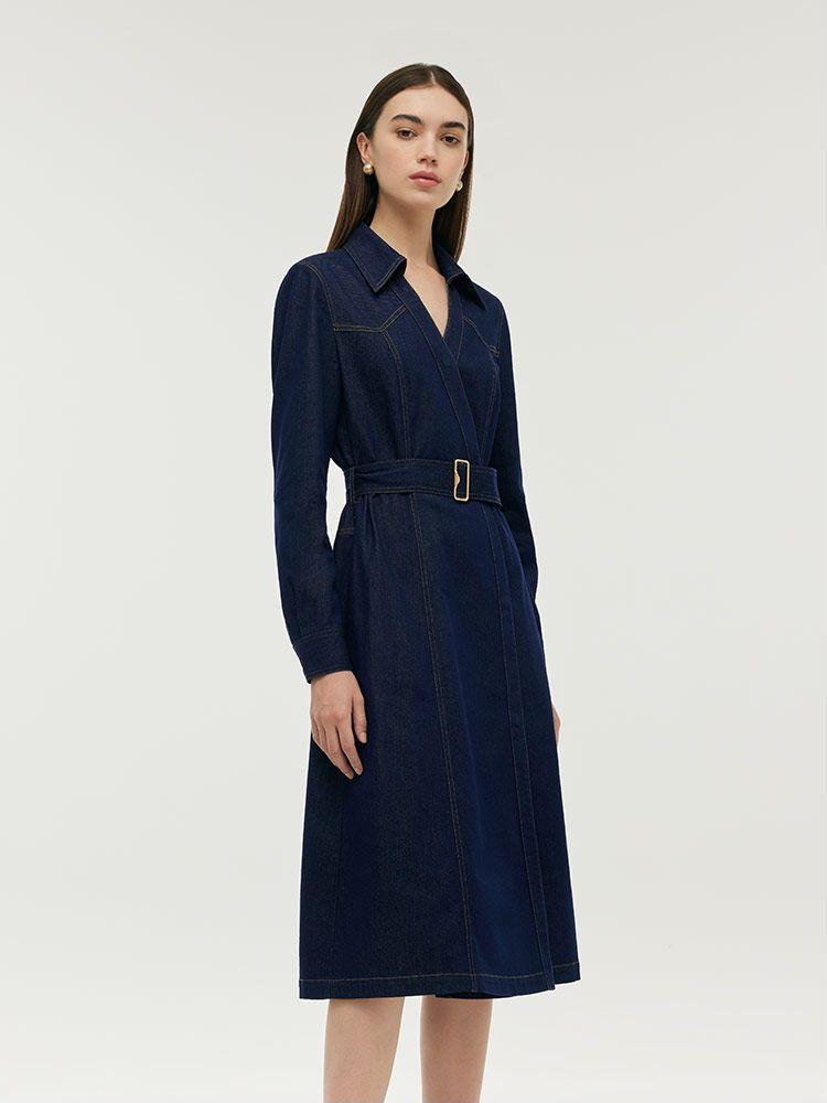 Denim Lapel Women Midi Dress With Belt Product Image
