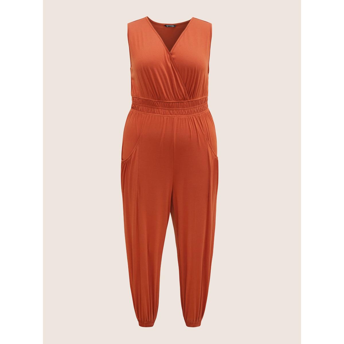 Plus Size OrangeRed Supersoft Essentials Wrap Patched Pocket Tank Jumpsuit Women Casual Sleeveless Overlap Collar Everyday Loose Jumpsuits BloomChic 10/M Product Image