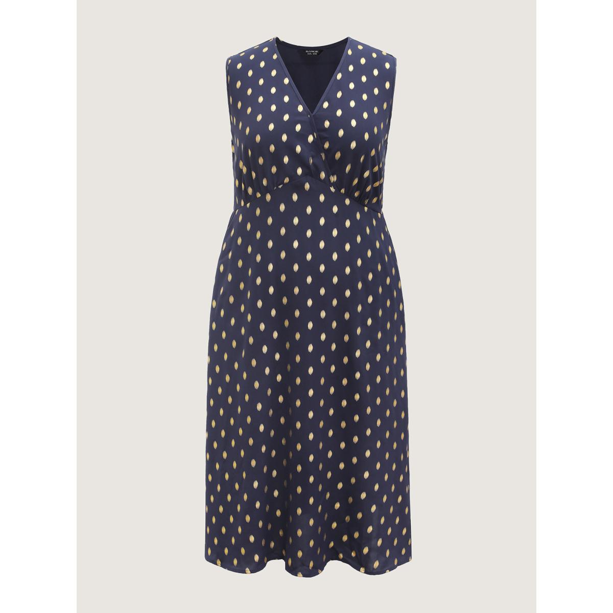 Plus Size Gold Polka Dots Waist-Defining Midi Dress Indigo Women Party&Cocktail Overlapping Overlap Collar Sleeveless Curvy BloomChic 12/L Product Image
