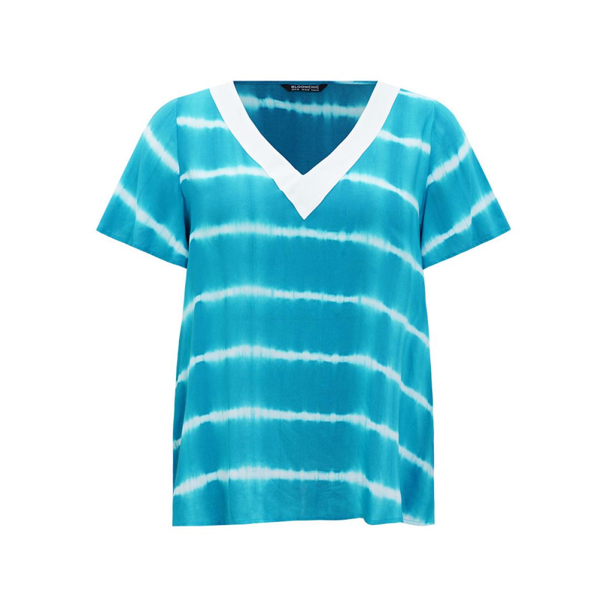 Plus Size Cerulean Tie Dye Contrast Trim Striped Blouse Women Vacation Short sleeve V-neck Dailywear Blouses BloomChic 22-24/3X Product Image