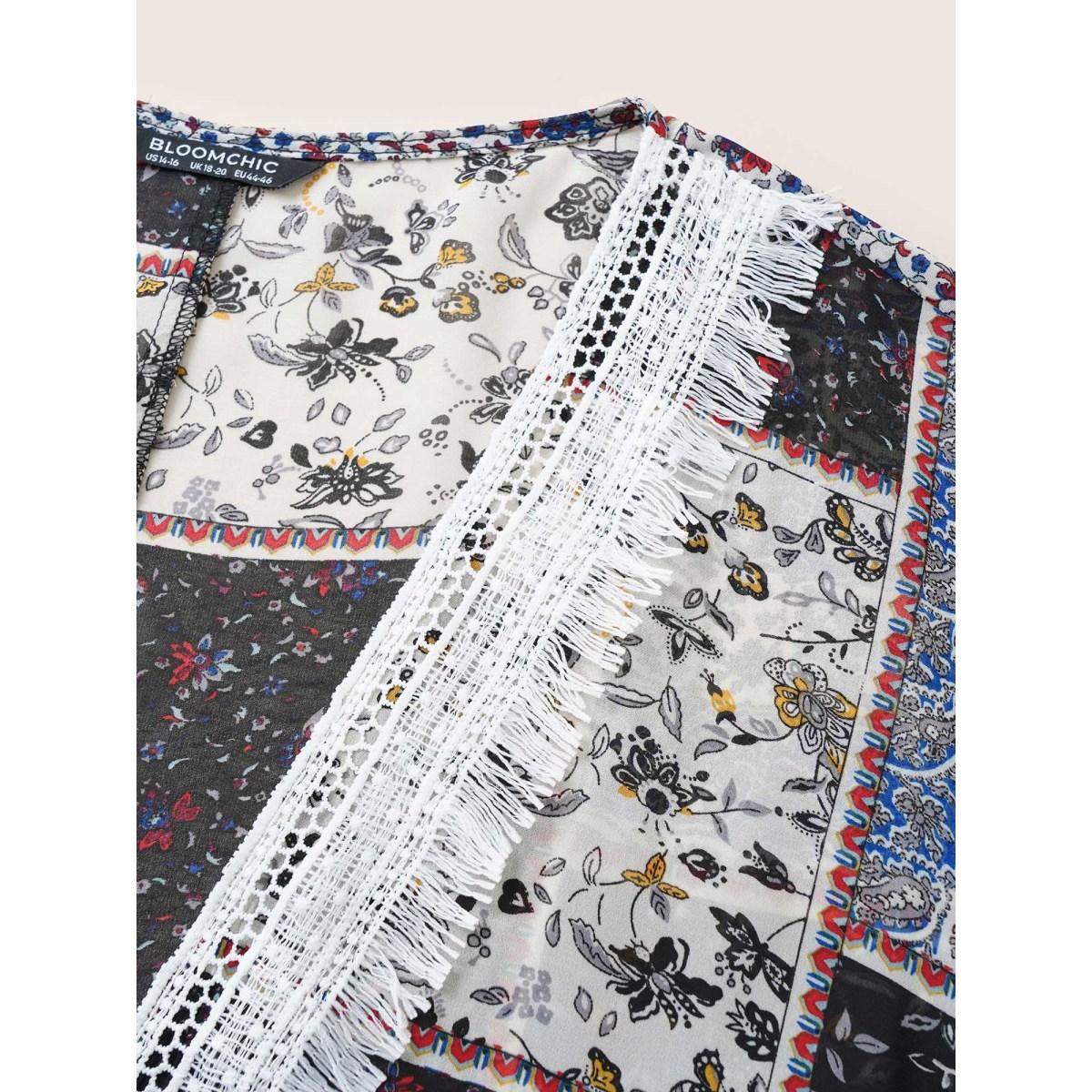 Plus Size Bandana Lace Panel Ties Patchwork Mesh Kimono Women BlackFlower Resort Woven ribbon&lace trim Vacation Kimonos BloomChic 14-16/1X Product Image