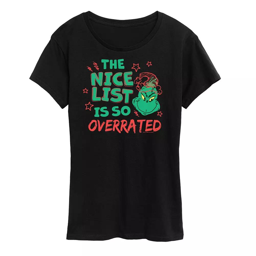 Women's Dr. Seuss The Grinch Nice List Overrated Graphic Tee, Girl's,  Product Image