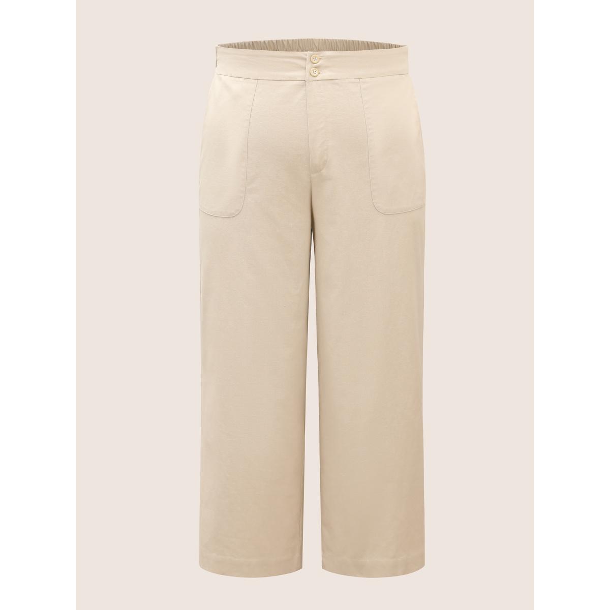 Plus Size Cotton Linen Solid Mid Rise Wide Leg Pants Women Beige Casual Wide Leg Mid Rise Everyday Pants BloomChic 18-20/2X Product Image