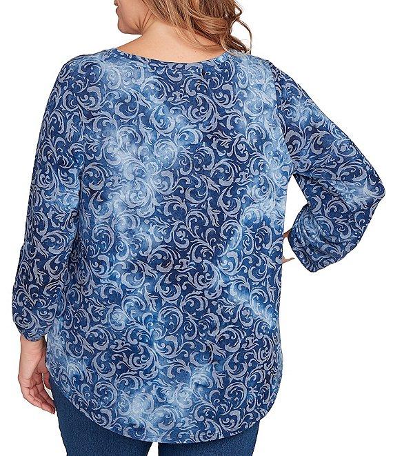 Ruby Rd. Plus Size Textured Knit Tie-Dye Scroll Floral Burnout Boat Neck 3/4 Roll-Tab Sleeve Top Product Image