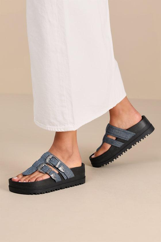 Nyra Blue Jean Denim Thong Buckle Flatform Sandals Product Image