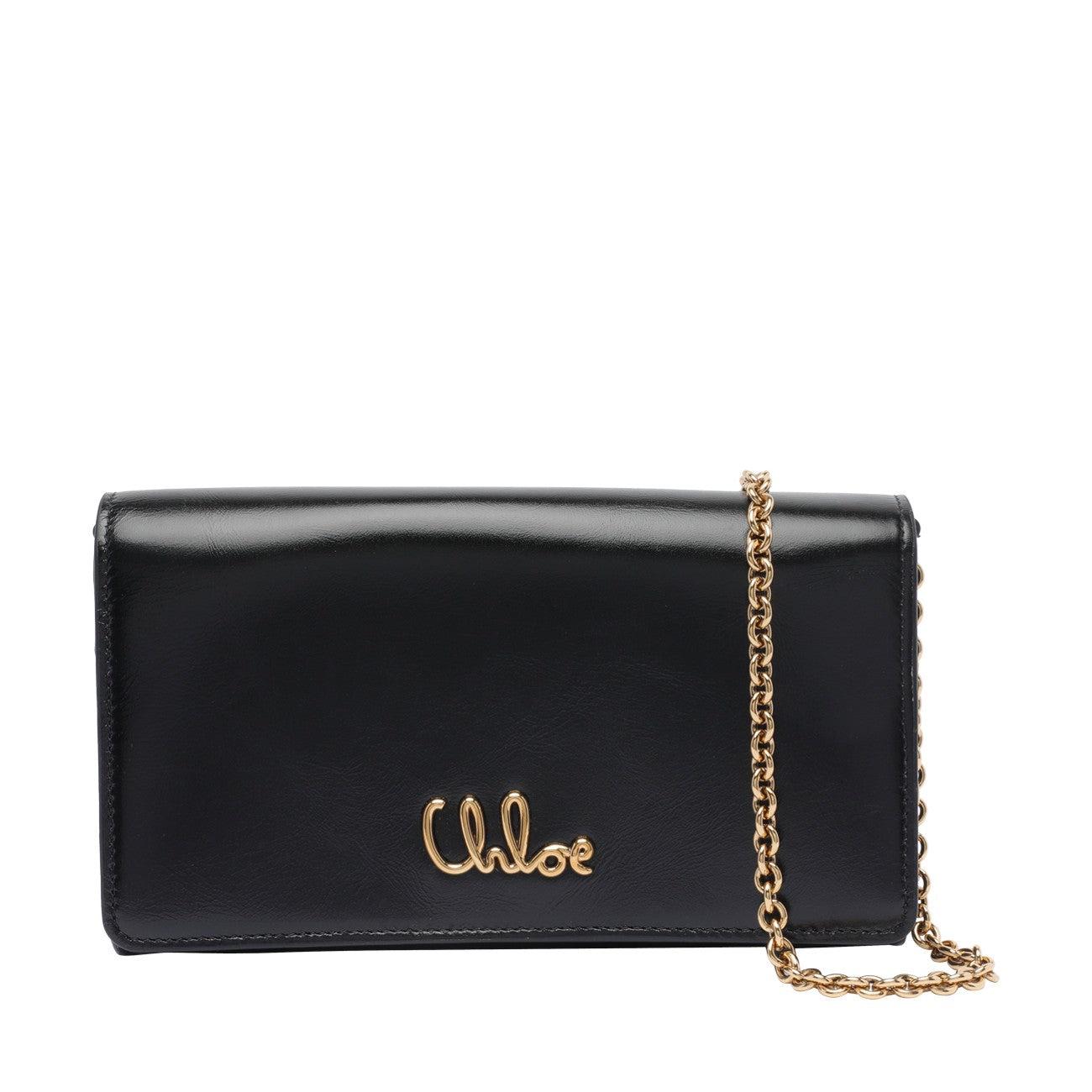 CHLOÉ Iconic Flap Wallet On Chain In Shiny Calfskin In Black Product Image