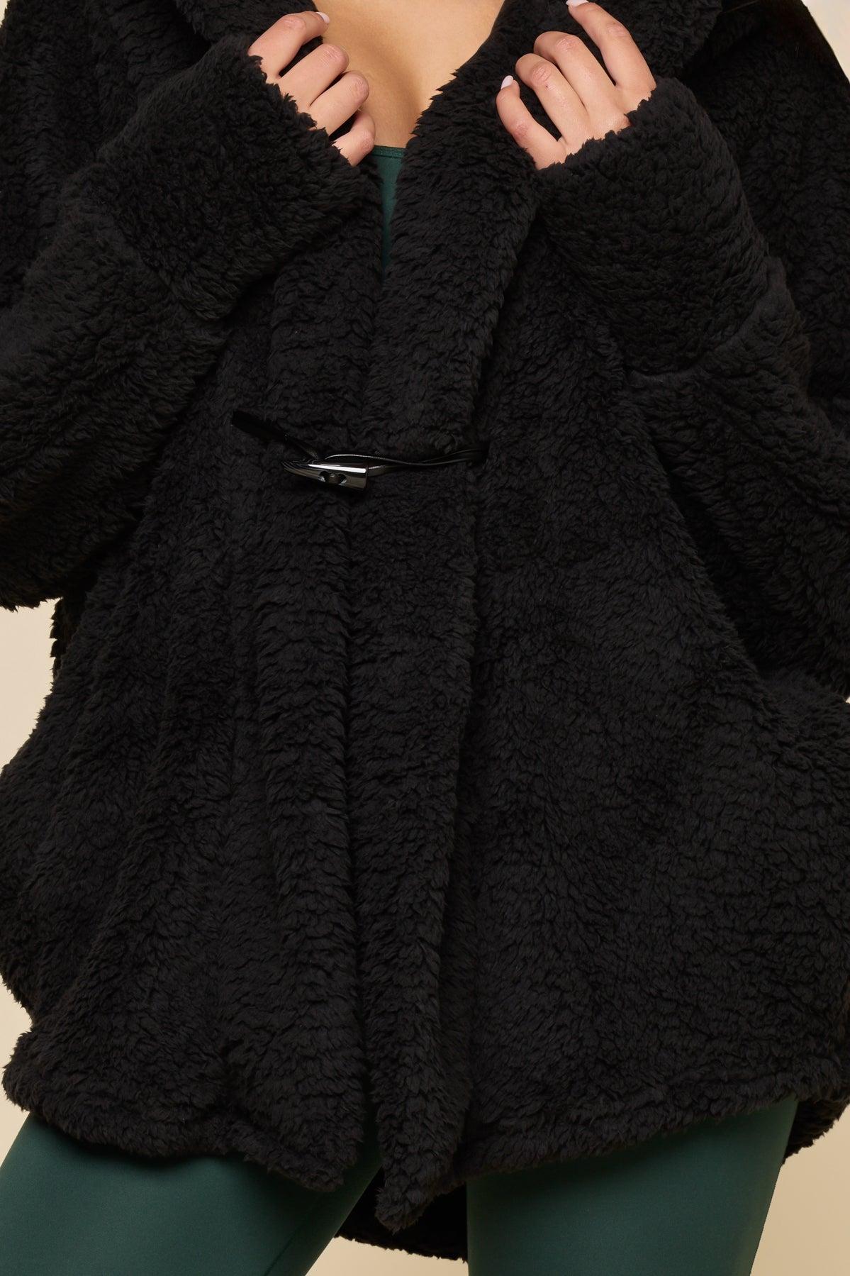 Faux Sherpa Cocoon Coat - Black Product Image