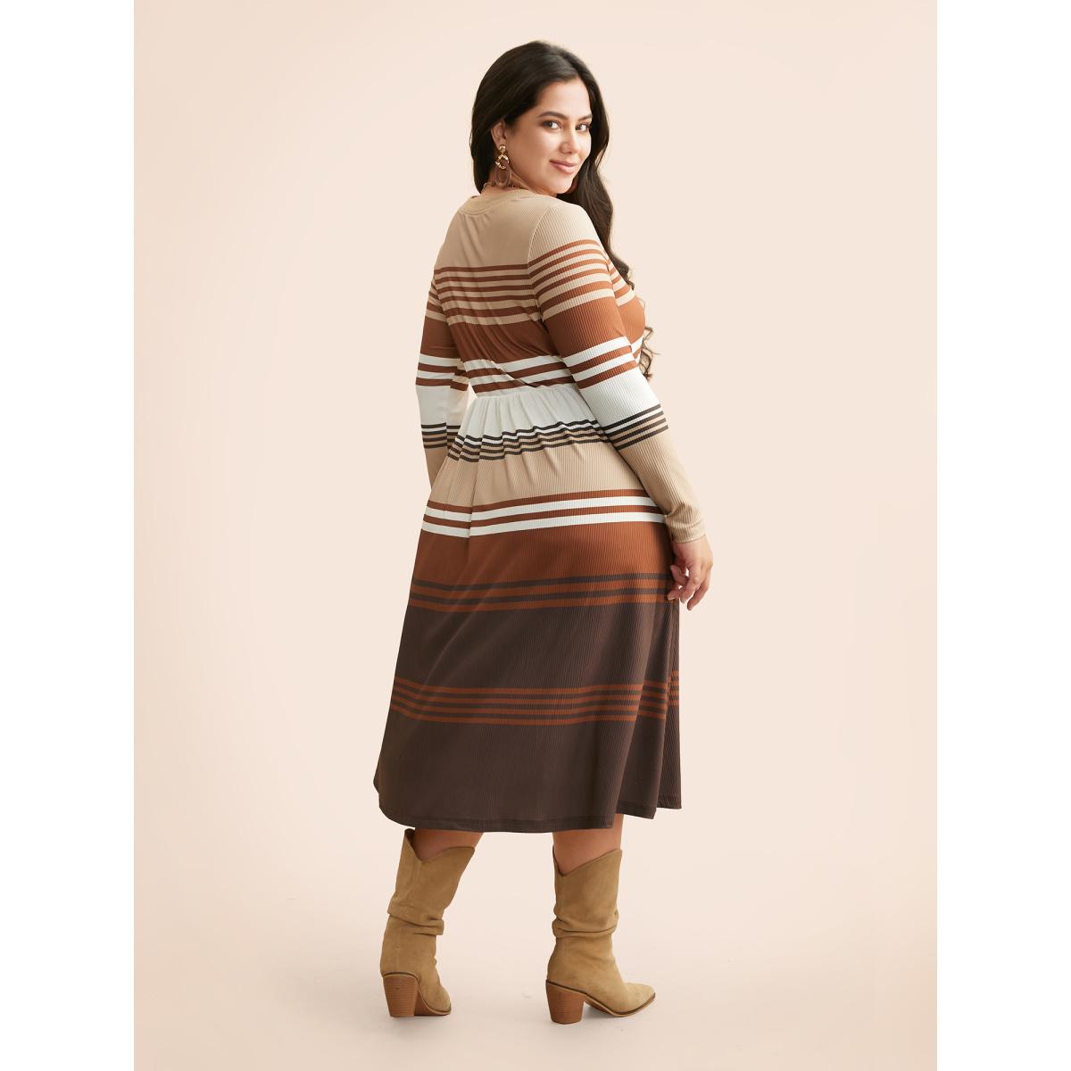 Plus Size Contrast Striped V Neck Midi Dress Yellowishbrown Women Elegant Texture V-neck Extra Long Sleeve Curvy BloomChic 26/4X Product Image