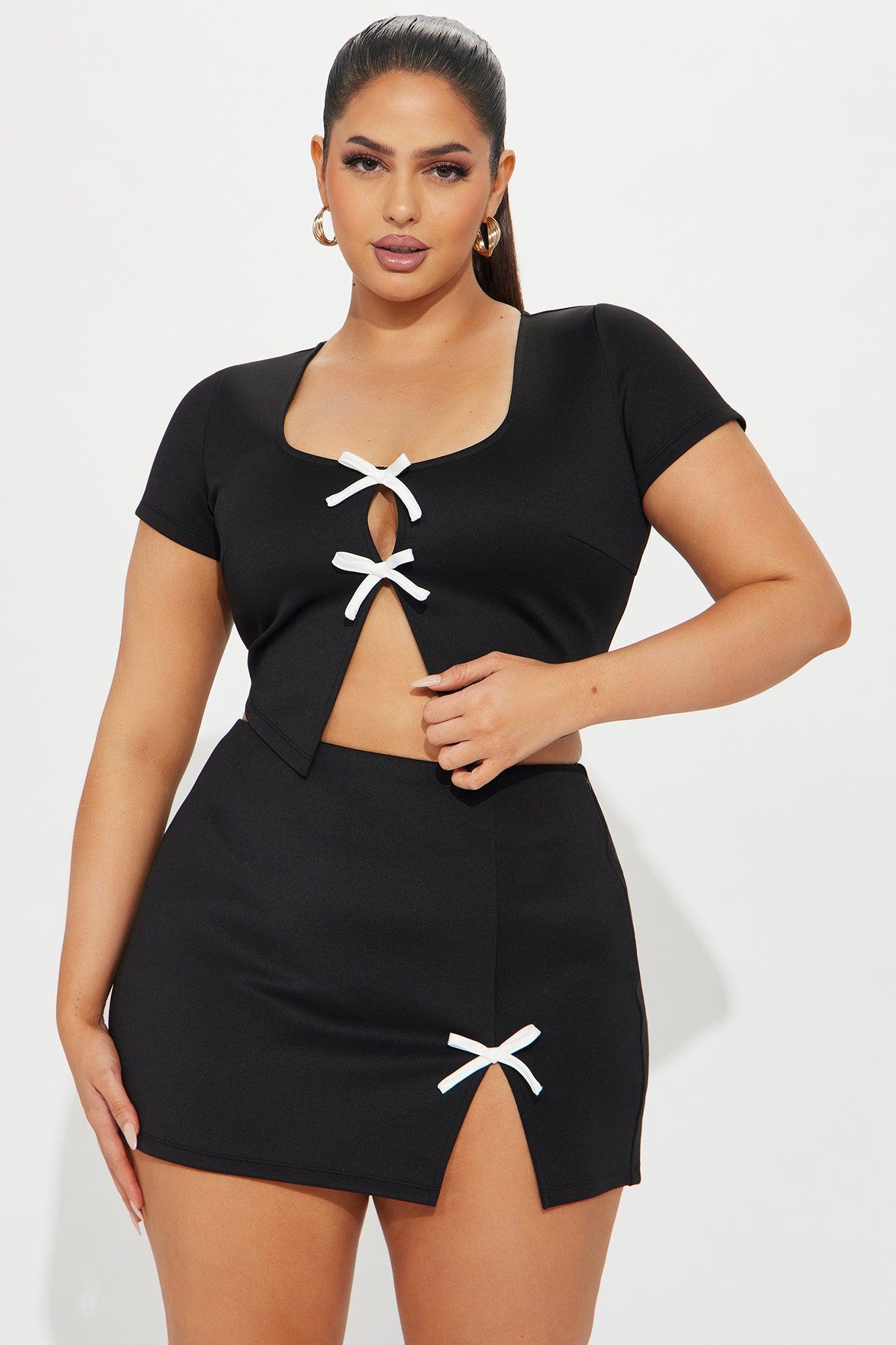 In My Bow Moment Short Sleeve Skirt Set - Black/White Product Image