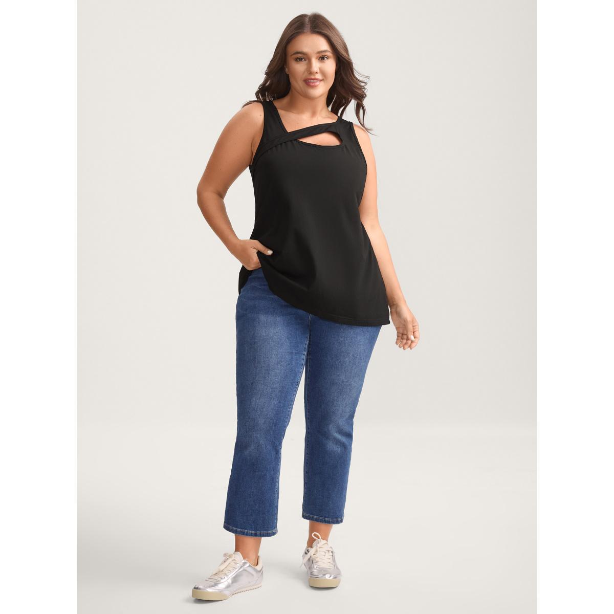 Plus Size Stretchy Neck Cut-Out Solid Tank Top Women Black Leisure Non Asymmetrical Neck Casual Tank Tops Camis BloomChic 12/L Product Image