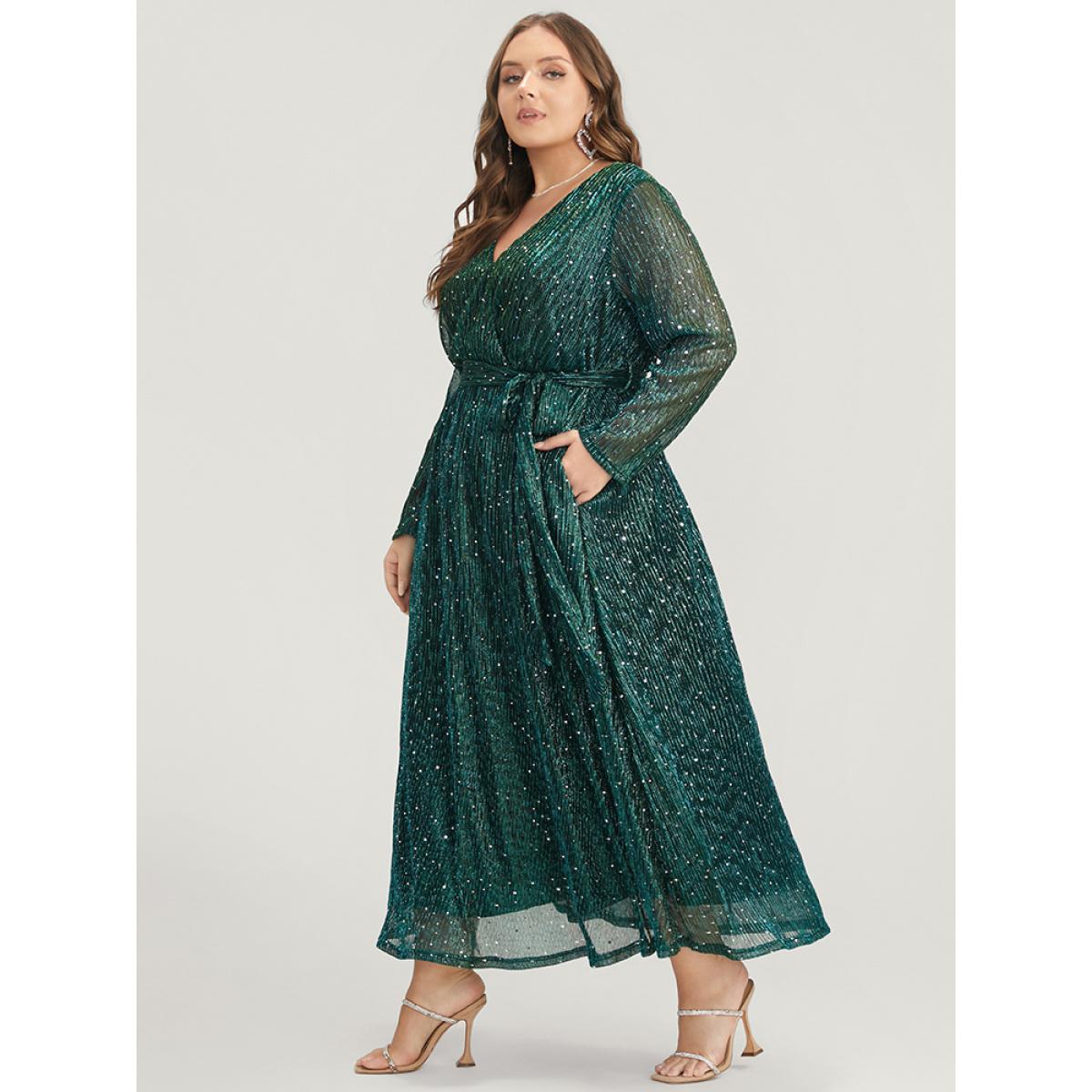 Plus Size Solid Pocket Wrap Belted Sequin Mesh Maxi Dress DarkGreen Women Cocktail Belted V-neck Long Sleeve Curvy Long Dress BloomChic 18-20/2X Product Image