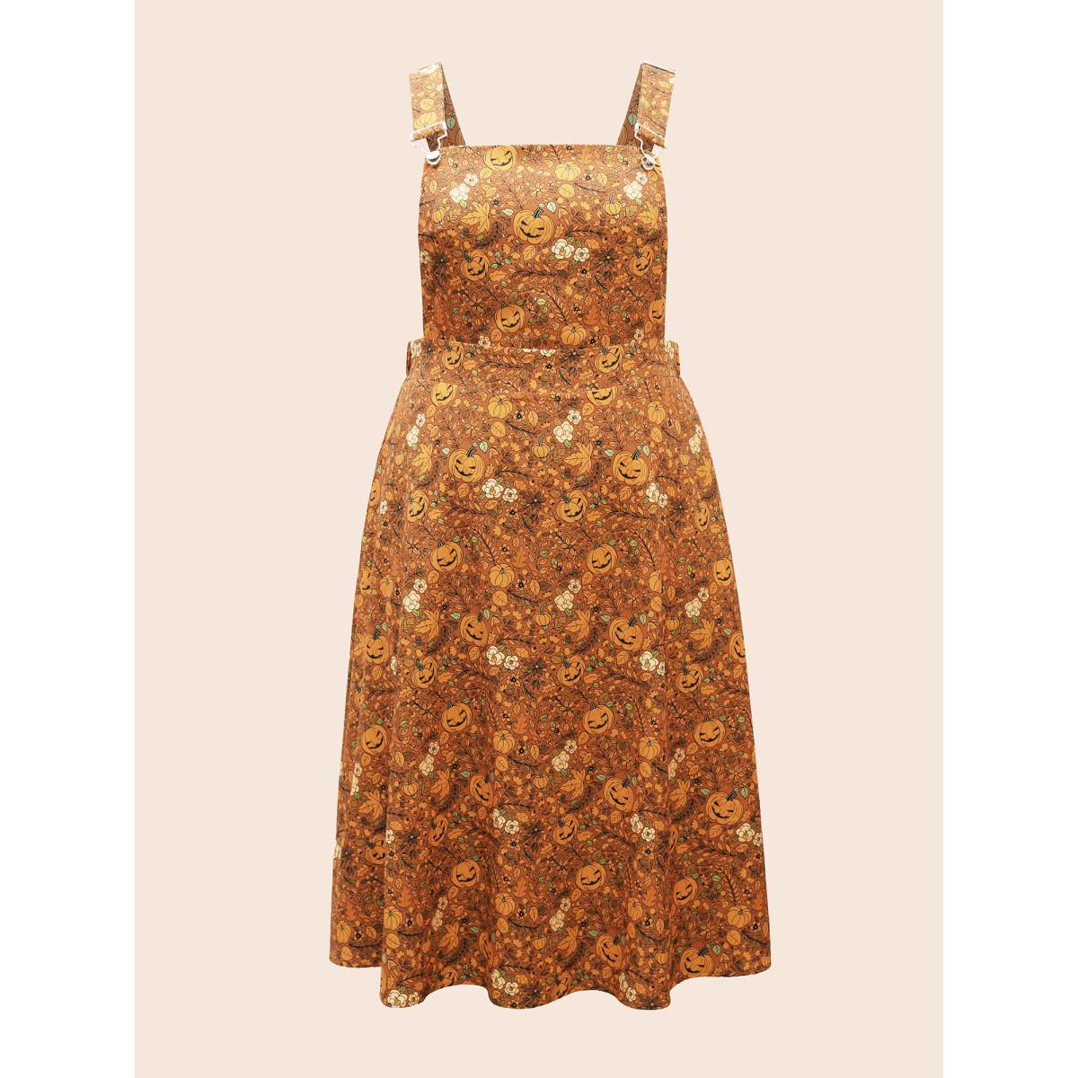 Plus Size Pumpkin Print Suspender Midi Dress Amber Women Casual Non Party Curvy Bloomchic 28/5X Product Image
