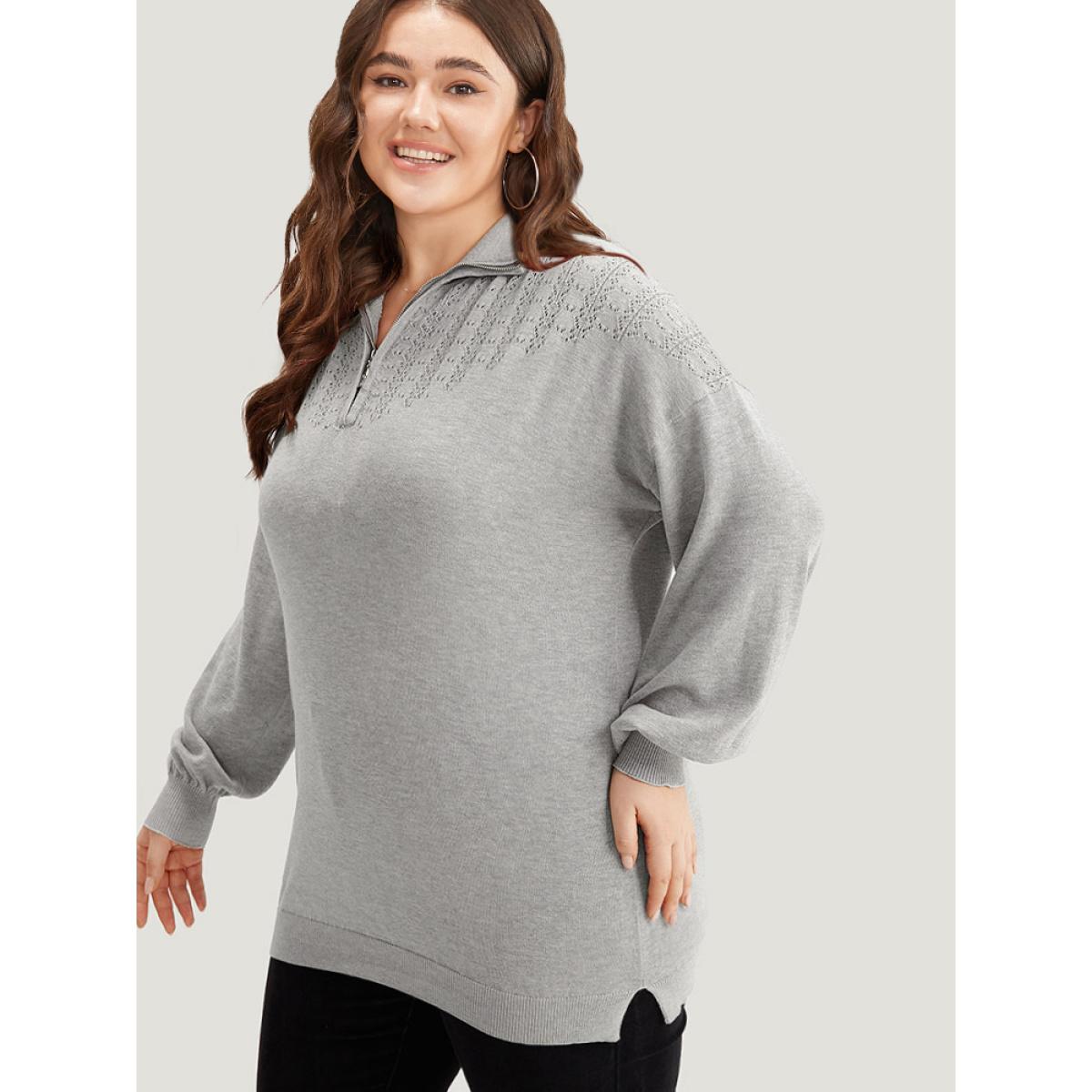 Plus Size Plain Lapel Collar Plisse Zipper Pullover LightGray Women Casual Loose Long Sleeve Lapel Collar Dailywear Pullovers BloomChic 26/4X Product Image