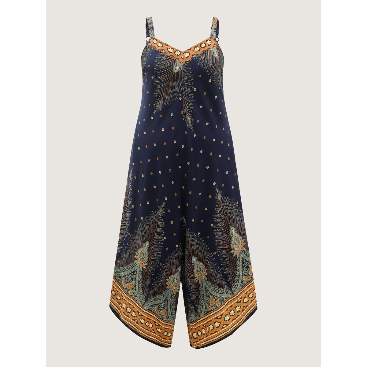 Plus Size Navy Boho Print Asymmetrical Hem Jumpsuit Women Boho Sleeveless V-neck Vacation Loose Jumpsuits BloomChic 28/5X Product Image