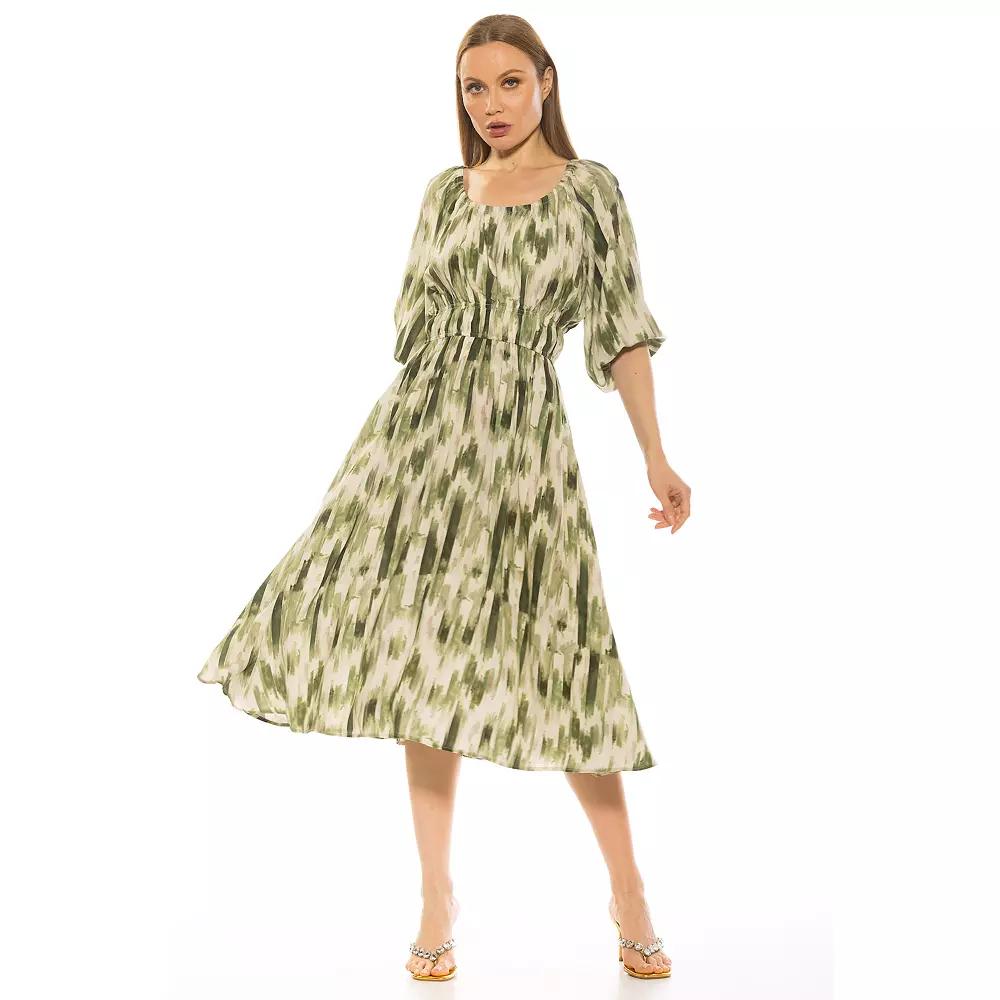 Women's ALEXIA ADMOR Emily Fit & Flare Scoopneck Shirred Dress, Size: Medium, Green Abstrast Product Image