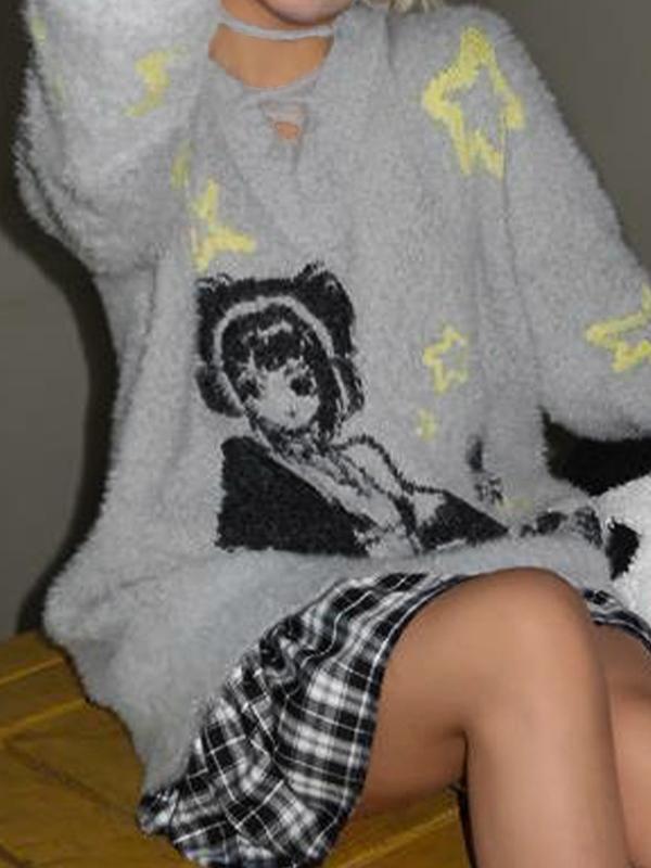 Anime Print V Neck Loose Sweater Product Image