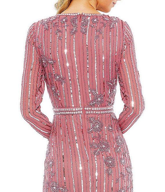 Mac Duggal Long Sleeve Beaded Sequin Flounce Asymmetrical Hem Dress Product Image