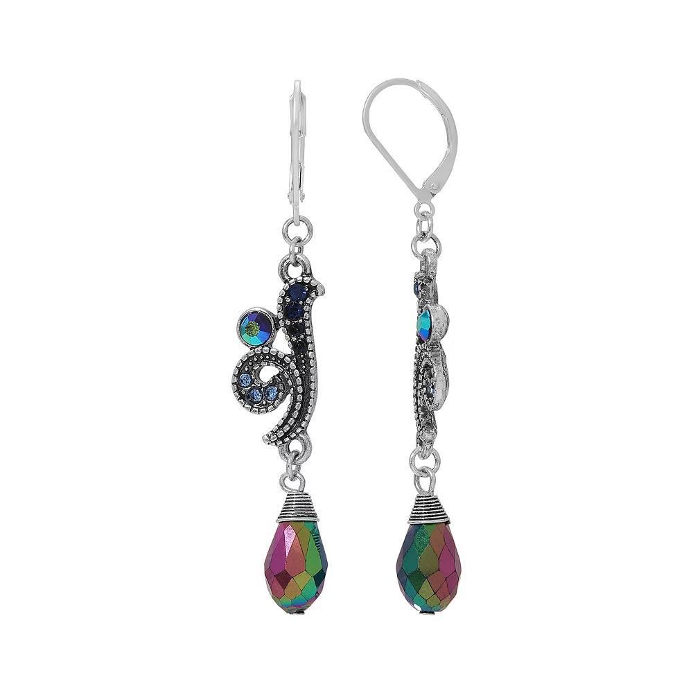 1928 Silver Tone Blue & Aurora Borealis Crystal Oxidized Art Deco Drop Earrings, Women's Product Image