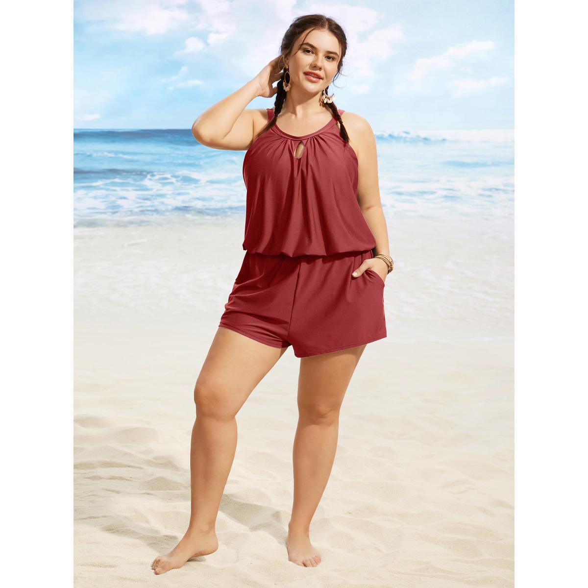 Plus Size Solid Keyhole Elastic Waist Gathered One Piece Swimsuit Women's Swimwear Rust Resort Gathered Curve Bathing Suits High stretch One Pieces BloomChic 18-20/2X Product Image