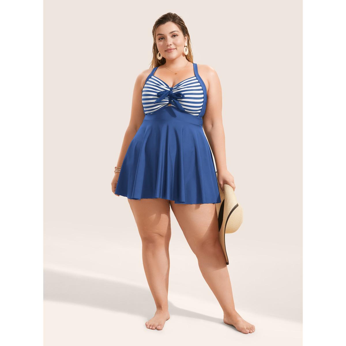 Plus Size Stripes Patchwork Tie Knot Cross Straps Swim Dress Women's Swimwear Mediumblue Resort Bodycon Heart neckline High stretch Curve Swim Dresses BloomChic 28/5X Product Image