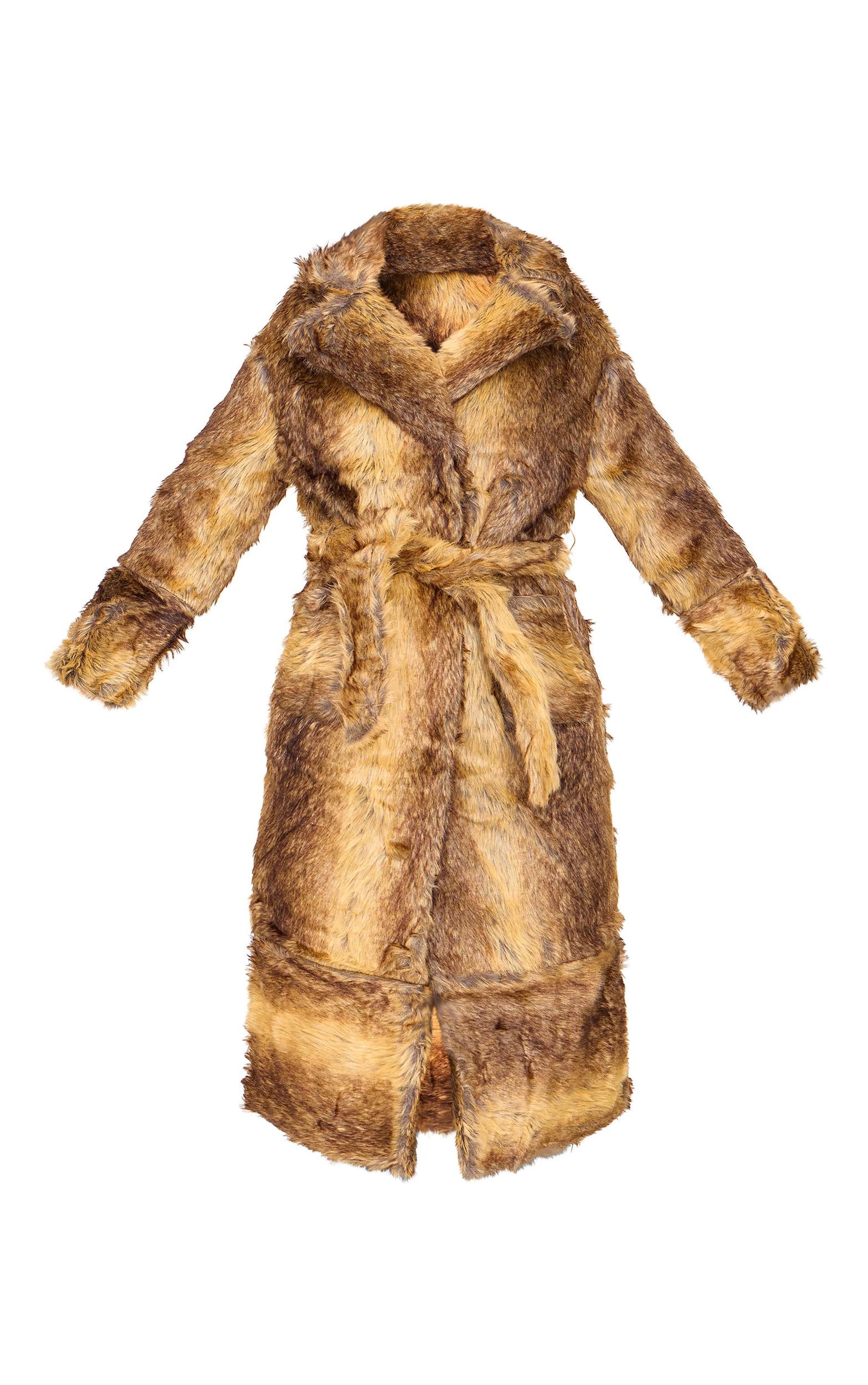 Petite Brown Faux Fur Longline Belted Coat Product Image