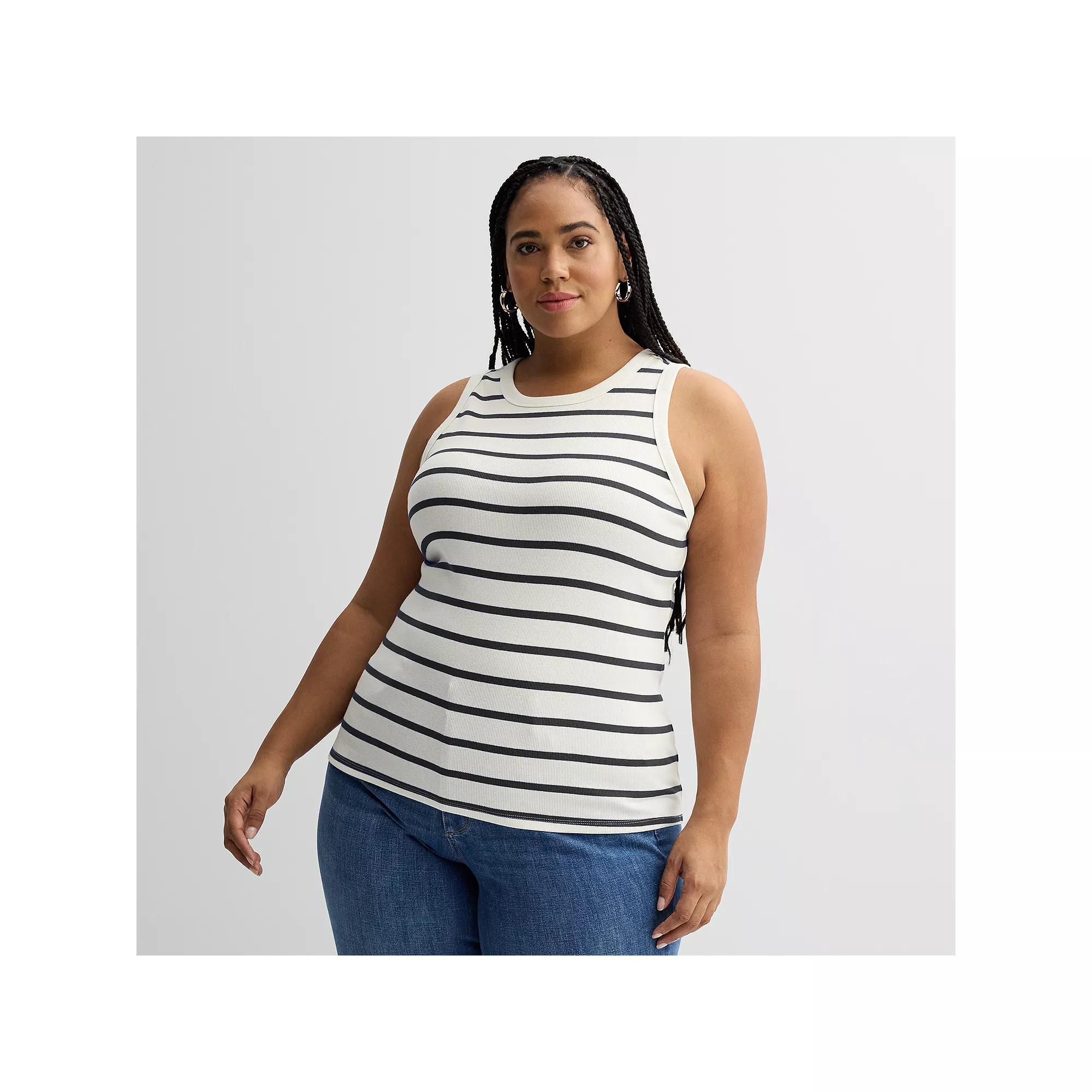 Plus Size Sonoma Goods For Life® High Neck Ribbed Layering Tank Top, Women's, Size: 2XL, Ivory Black Stripe Product Image