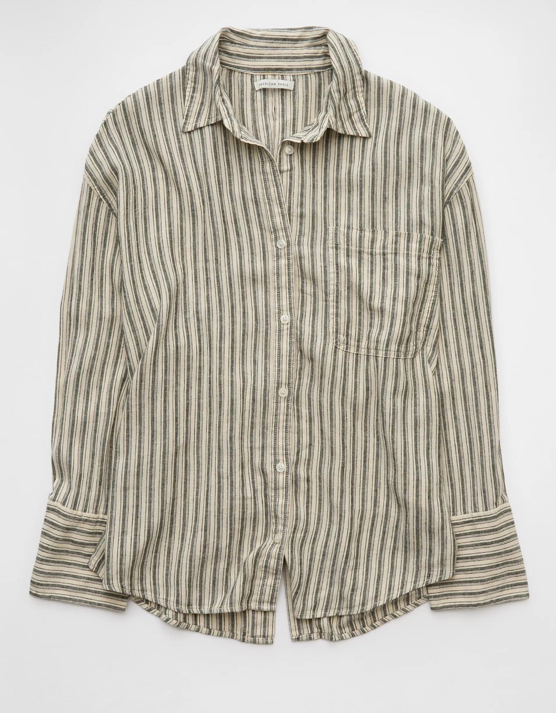 AE Linen-Blend Long-Sleeve Tie Back Button-Up Shirt Product Image