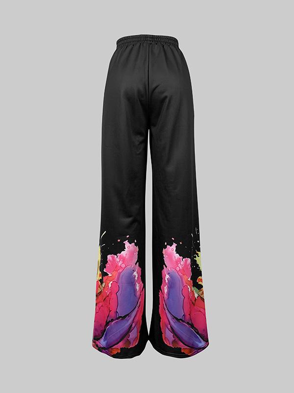 Loose Wide Leg Flower Print Pants Trousers Product Image