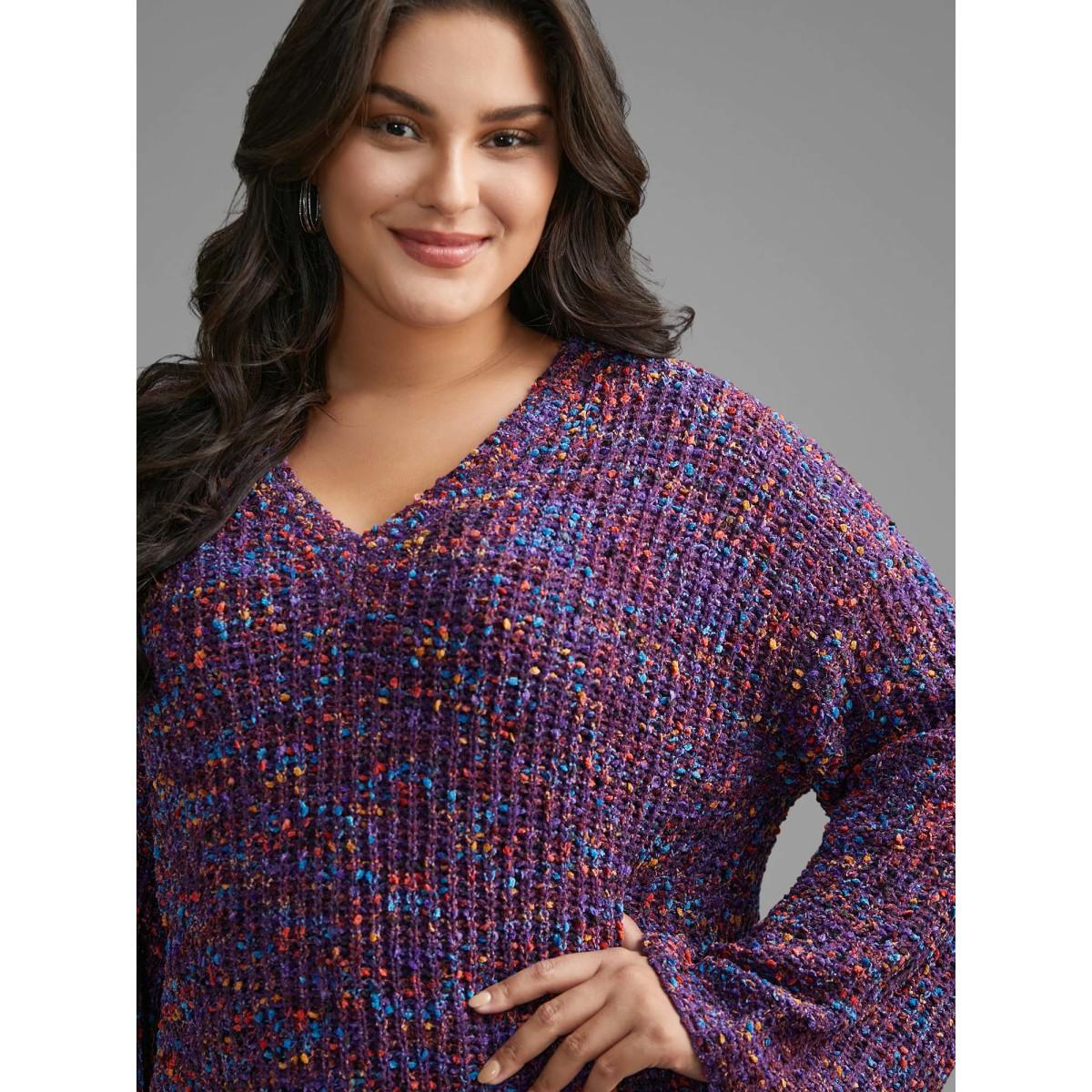 Plus Size Round Neck Heather Bell Sleeve Pullover Deeppurple Women Elegant Loose Long Sleeve V-neck Everyday Pullovers BloomChic 28/5X Product Image