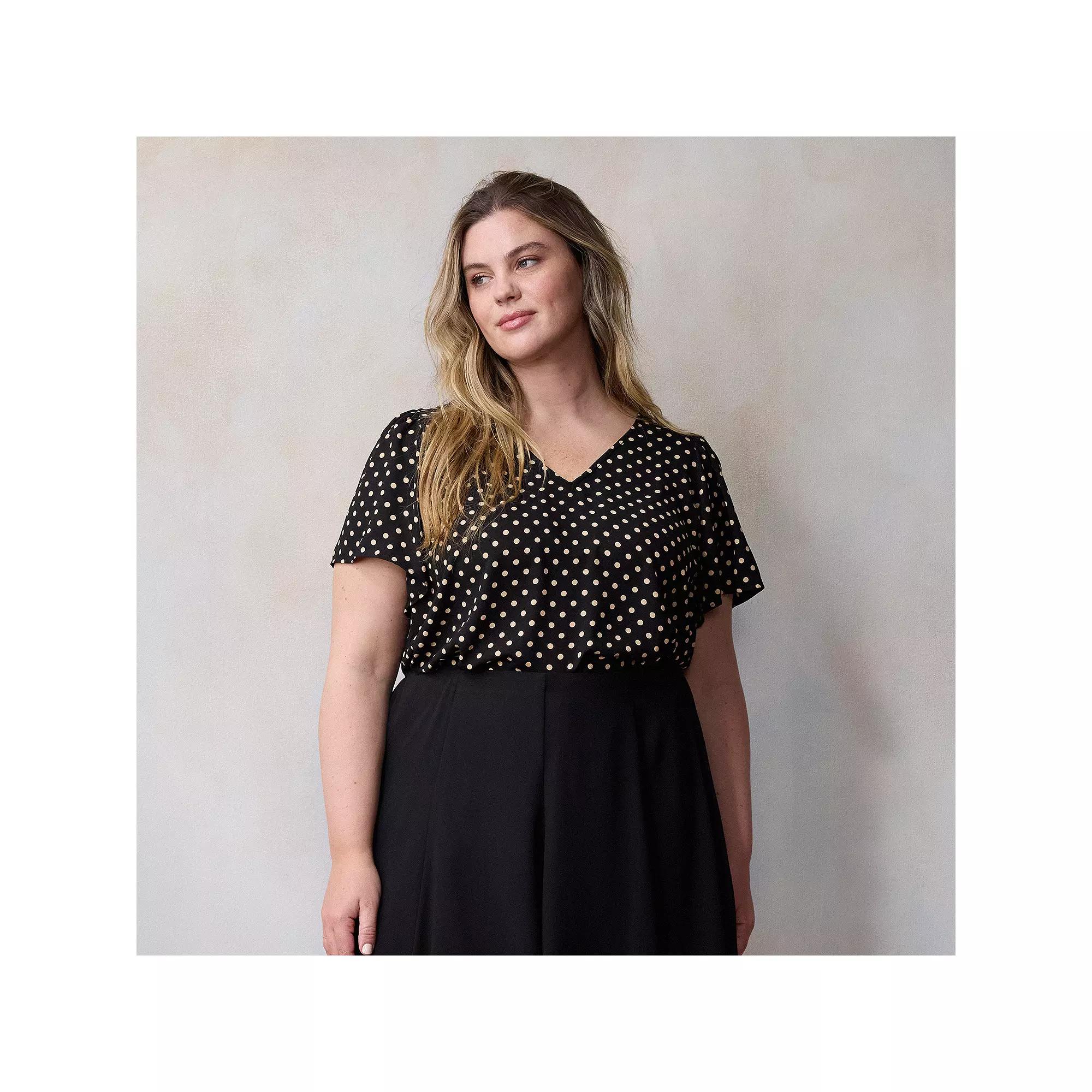 Plus Size LC Lauren Conrad Flutter Sleeve V-Neck Top, Women's, Size: 3XL, Black Clara Dot Product Image