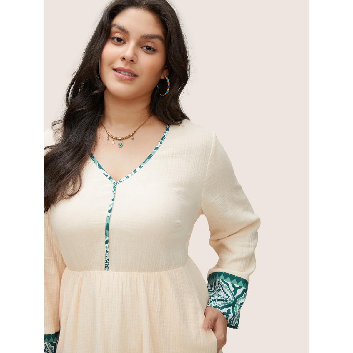 Plus Size Boho Print Patchwork Elastic Waist Texture Dress Apricot Women Resort Non V-neck Long Sleeve Curvy Knee Dress BloomChic 10/M Product Image