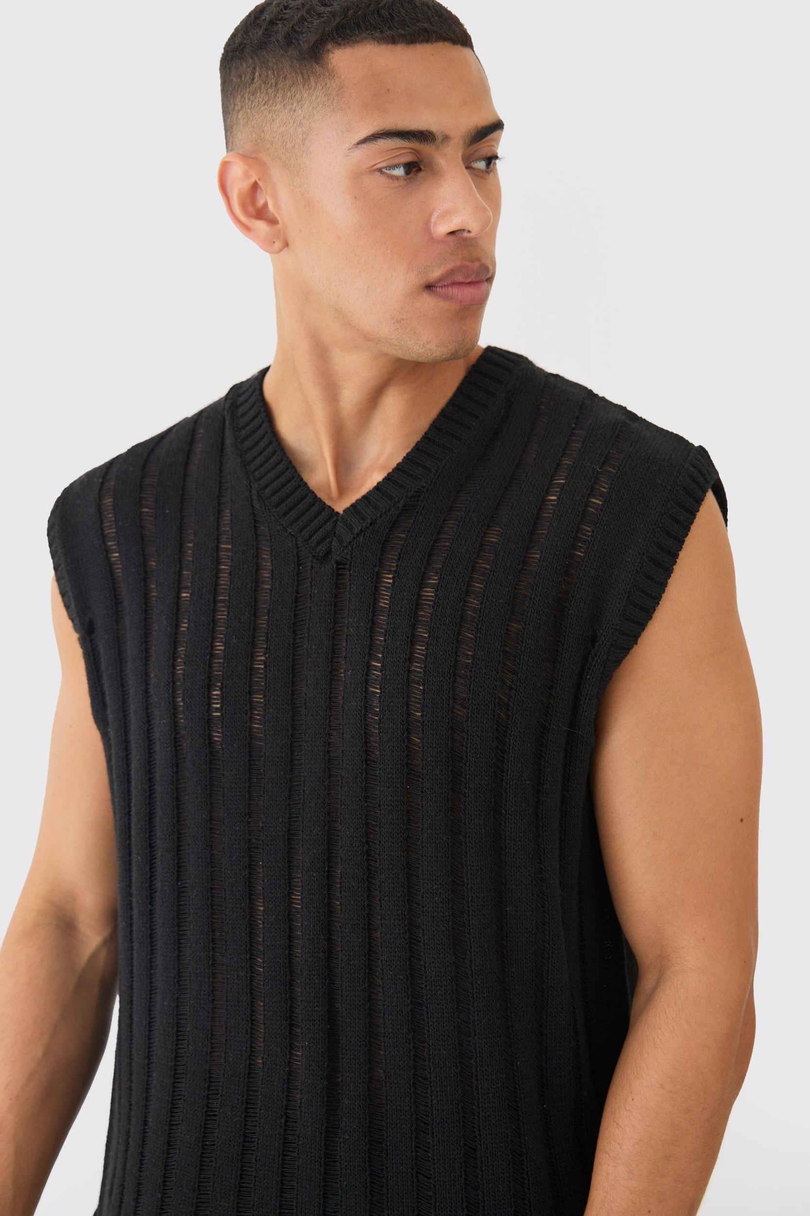 Regular Fit Open Stitch Undershirt In Black | boohooMAN USA Product Image