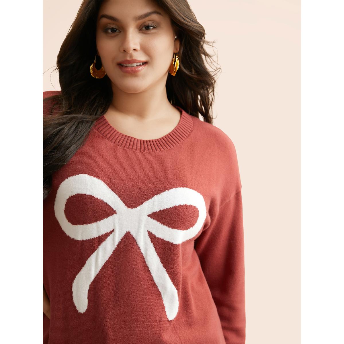 Plus Size Bowknot Jacquard Drop Shoulder Pullover DustyPink Women Casual Long Sleeve Round Neck Everyday Pullovers BloomChic 26/4X Product Image