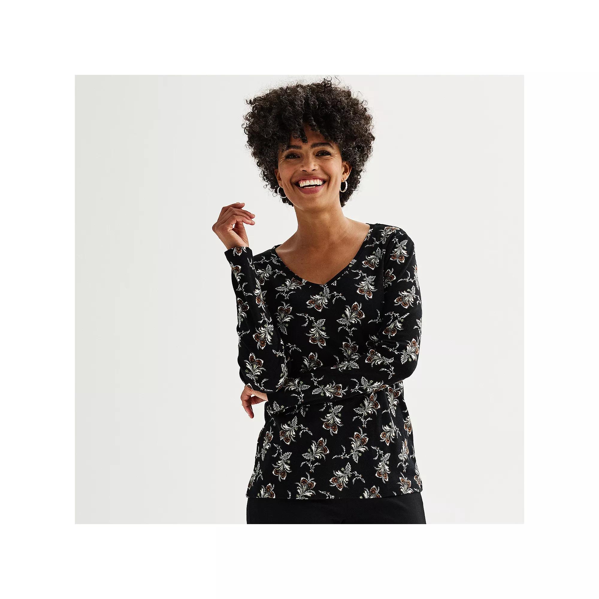 Petite Croft & Barrow® Essential Long-Sleeve V-Neck Top, Women's,  Product Image