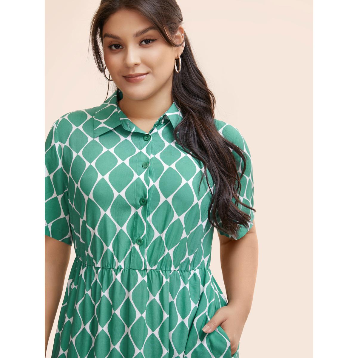 Plus Size Geometric Tiered Elastic Waist Midi Shirt Dress Malachitegreen Women Casual Gathered Shirt collar Short sleeve Curvy BloomChic 14-16/1X Product Image