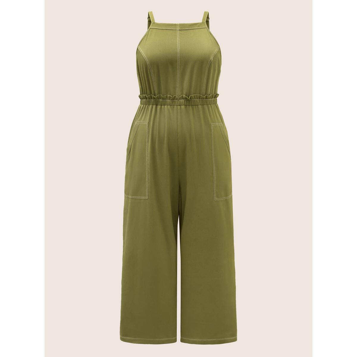 Plus Size ArmyGreen Plain Tucked Seam Frill Trim Jumpsuit Women Casual Sleeveless Non Everyday Loose Jumpsuits BloomChic 26/4X Product Image