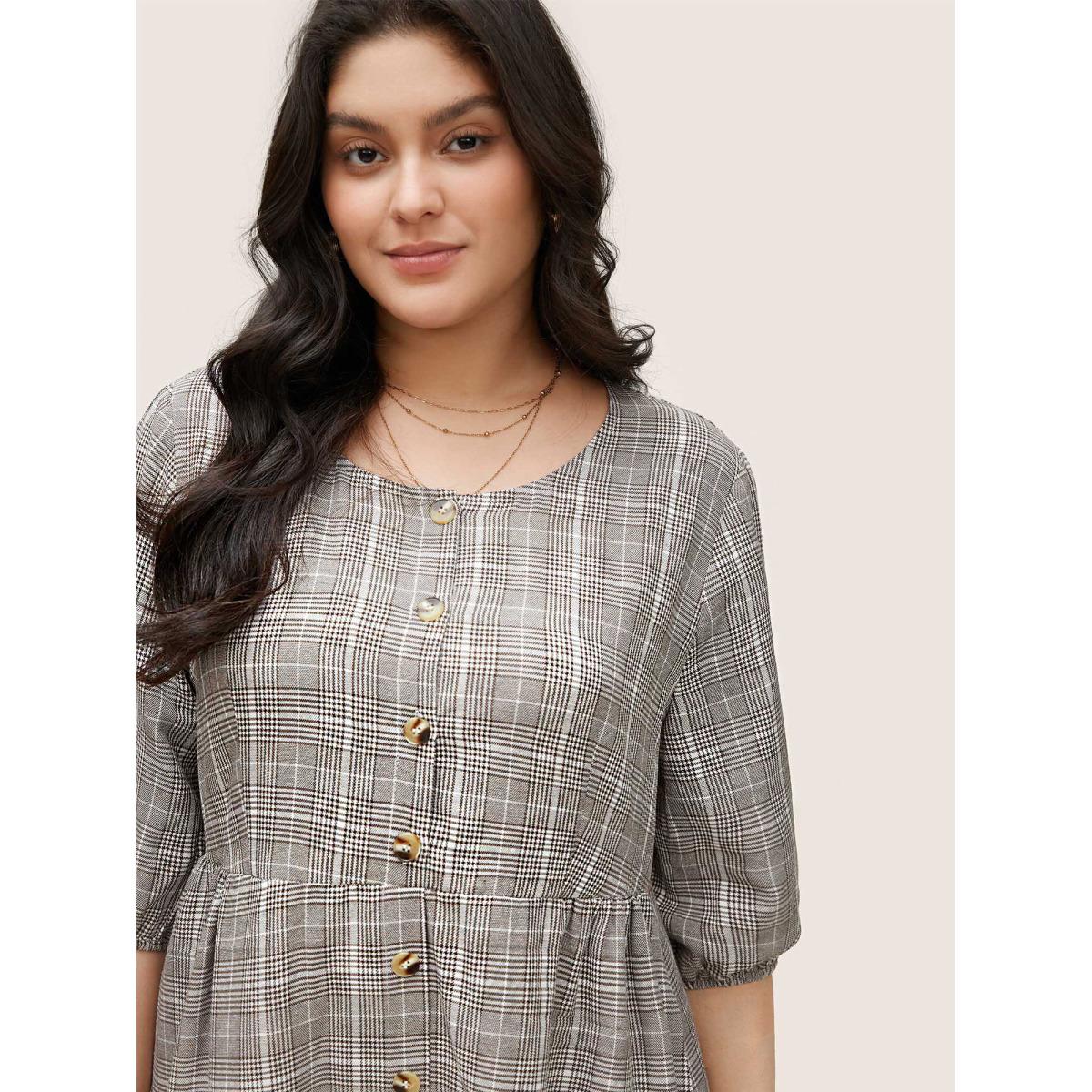 Plus Size Plaid Button Detail Pocket Lantern Sleeve Dress Chocolate Women At the Office Non Round Neck Elbow-length sleeve Curvy Knee Dress BloomChic 18-20/2X Product Image