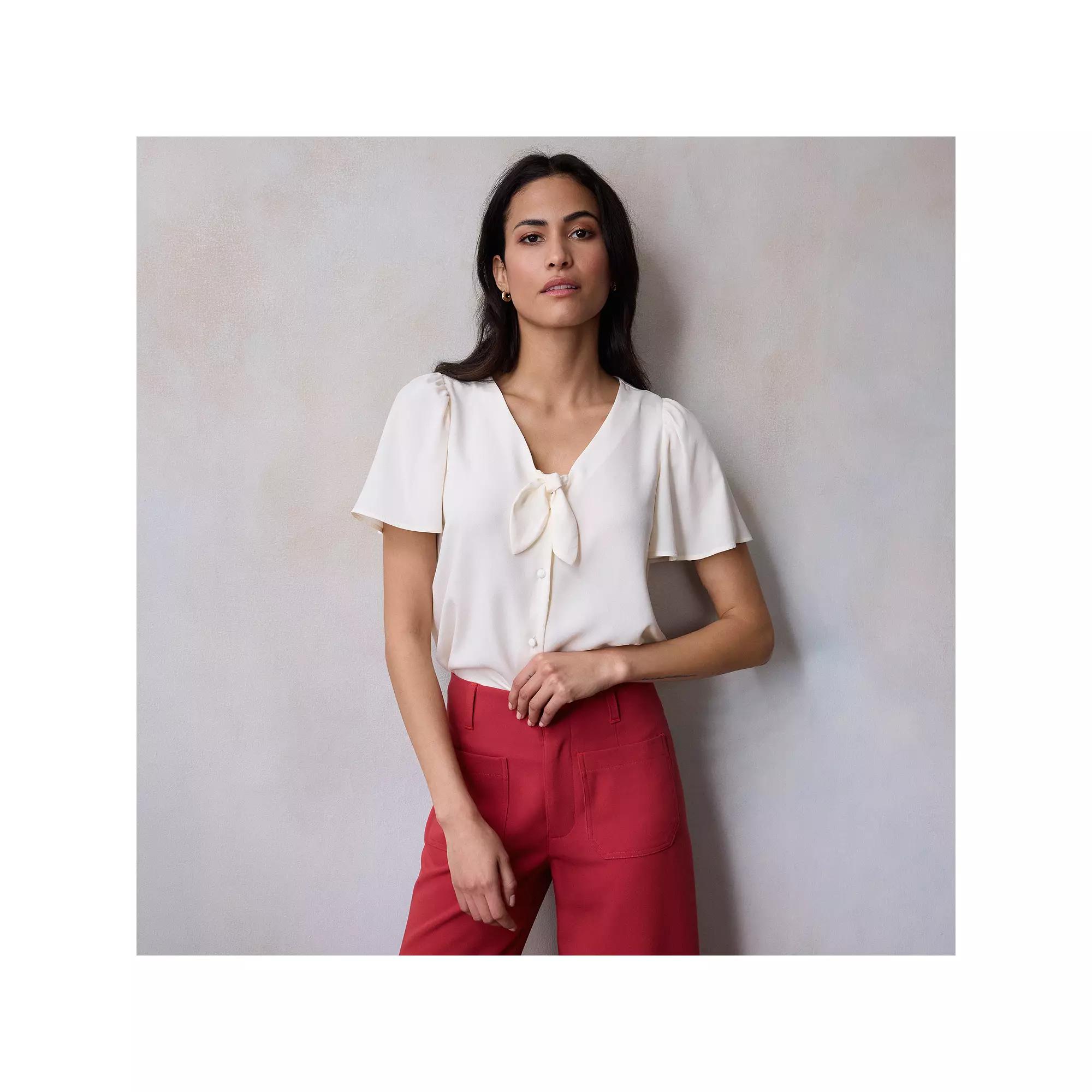 Petite LC Lauren Conrad Tie-Front Flutter Sleeve Top, Women's, Size: Large Petite, Ivory Silk Product Image