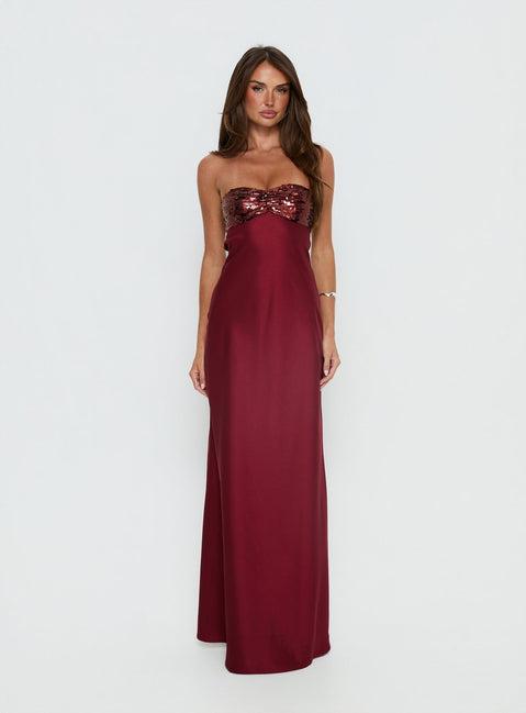 See The Vision Sequin Bust Strapless Maxi Dress Burgundy Product Image
