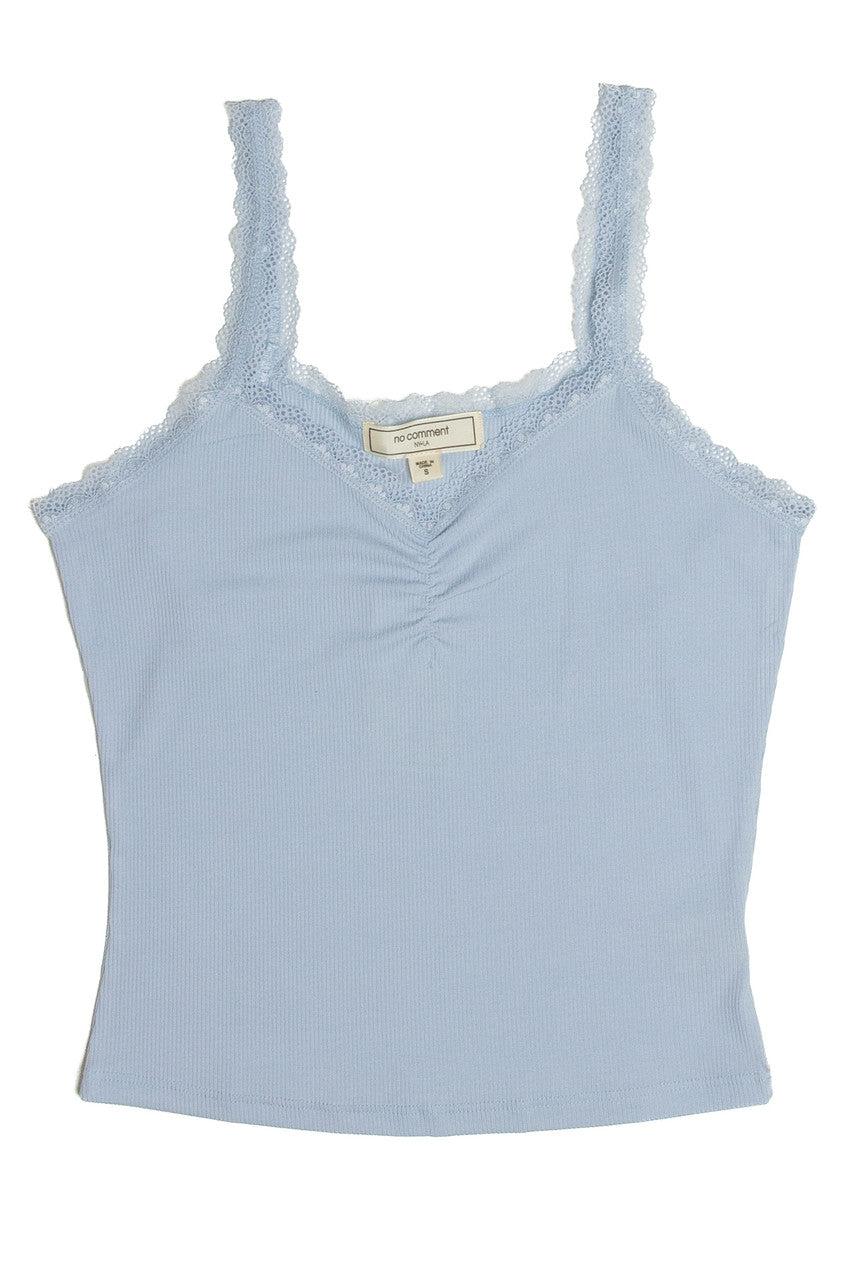 Blue Ruched Lace Trim Cami Product Image